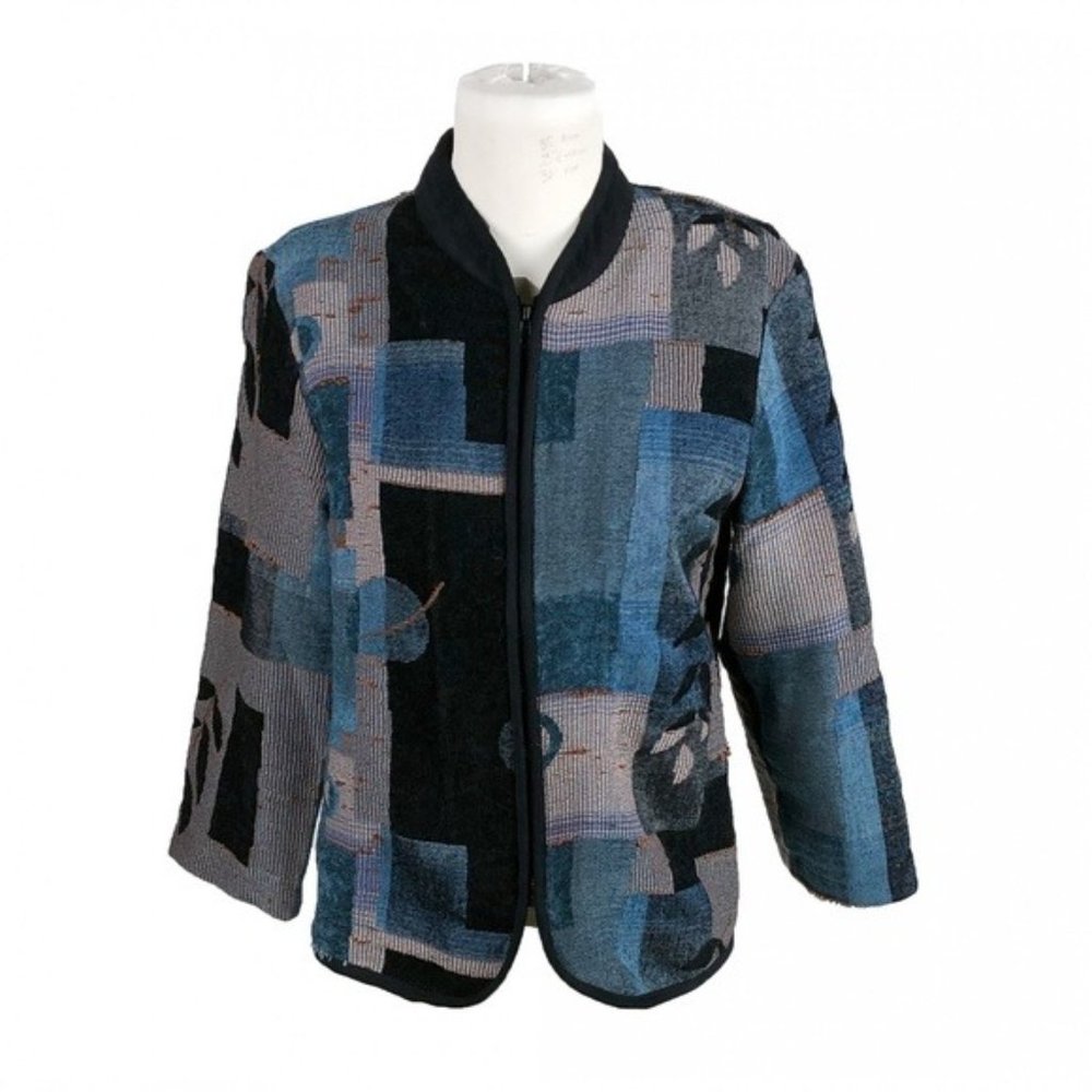 Meryl Diamond New York Jacket Full Zip Tapestry Patchwork Art To Wear Boho Blue